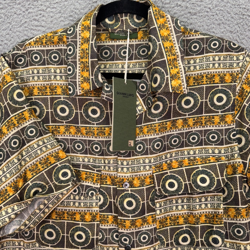 Gianni Lupo Shirt Mens M Short Sleeve Geometric Medallion Button Preppy Linen